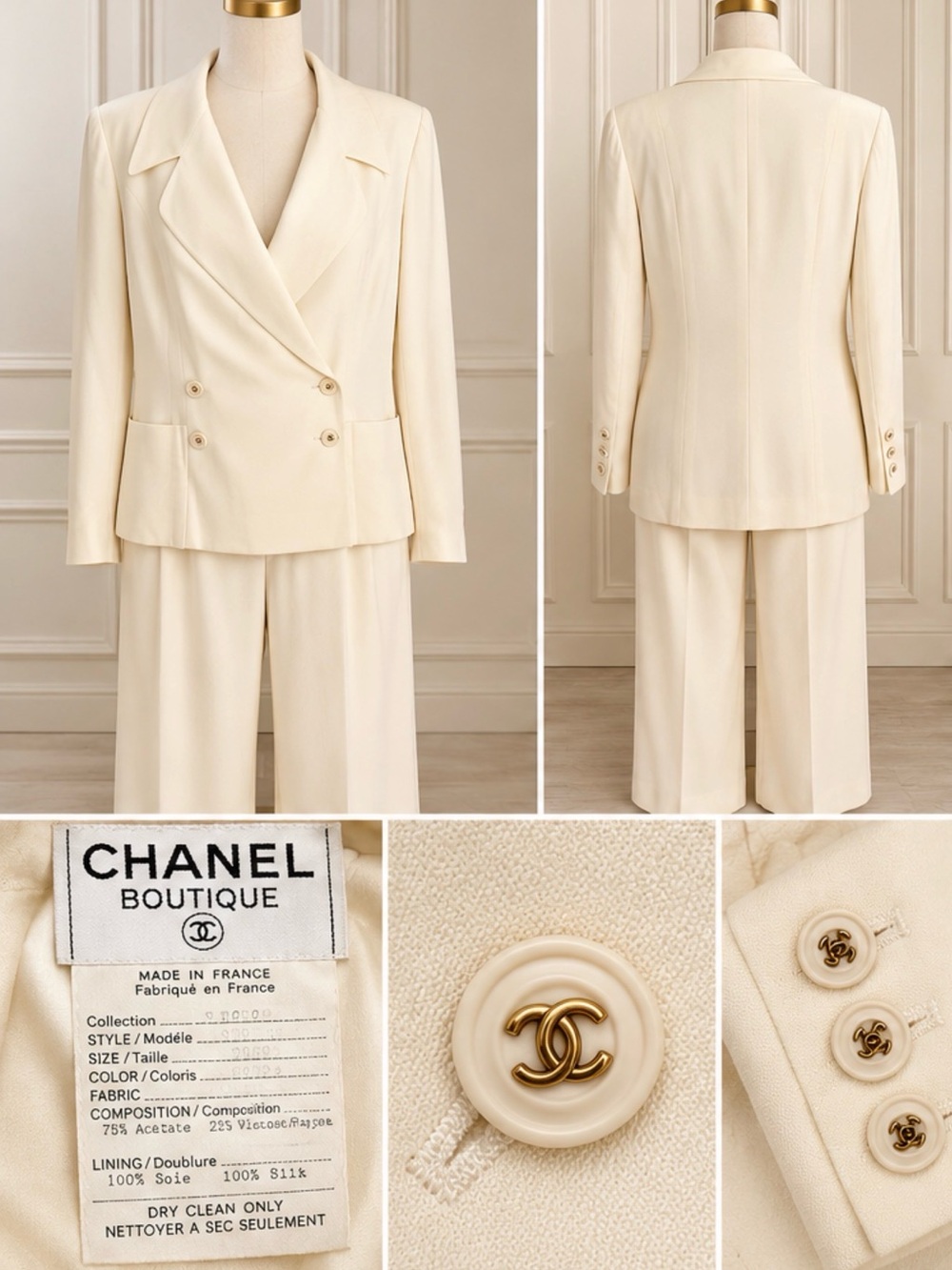 Vintage CHANEL Boutique Ivory Cream CC Button Double-Breasted Pantsuit